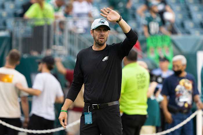 Aug 19, 2021; Philadelphia, Pennsylvania, USA; Philadelphia Eagles offensive coordinator Shane Steichen before action against the New England Patriots at Lincoln Financial Field.